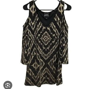 Coco Bianco Black and Gold Patterned Cold-Shoulder Dress Size Large